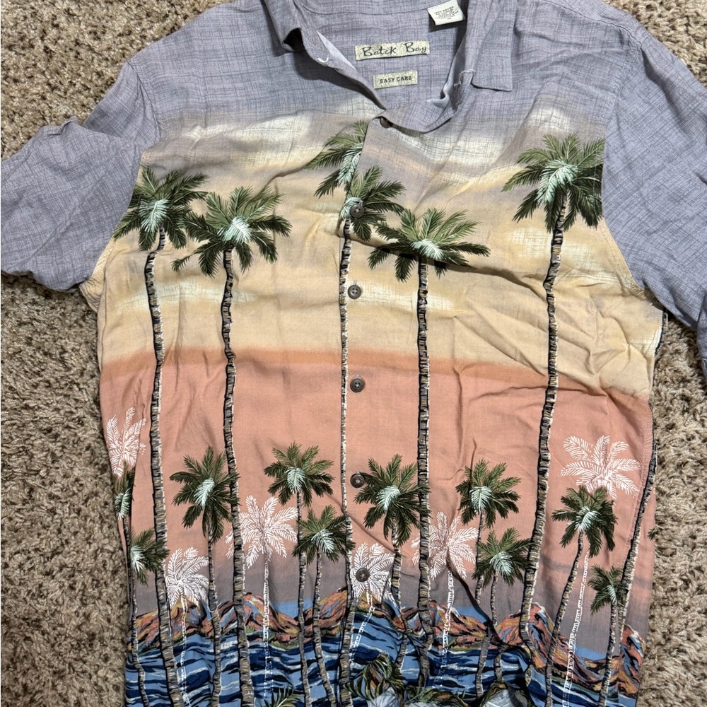 Batik Bay Men's Palm-Print Short Sleeve beach Button-Down Shirt - Gray and Peach